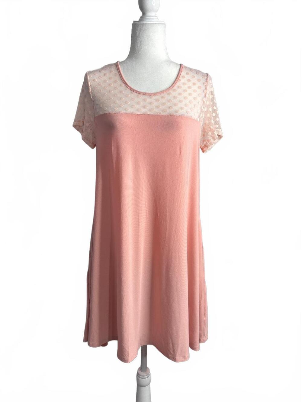 Nina Leonard Pink Polka Dot Mesh Detail Dress Size M